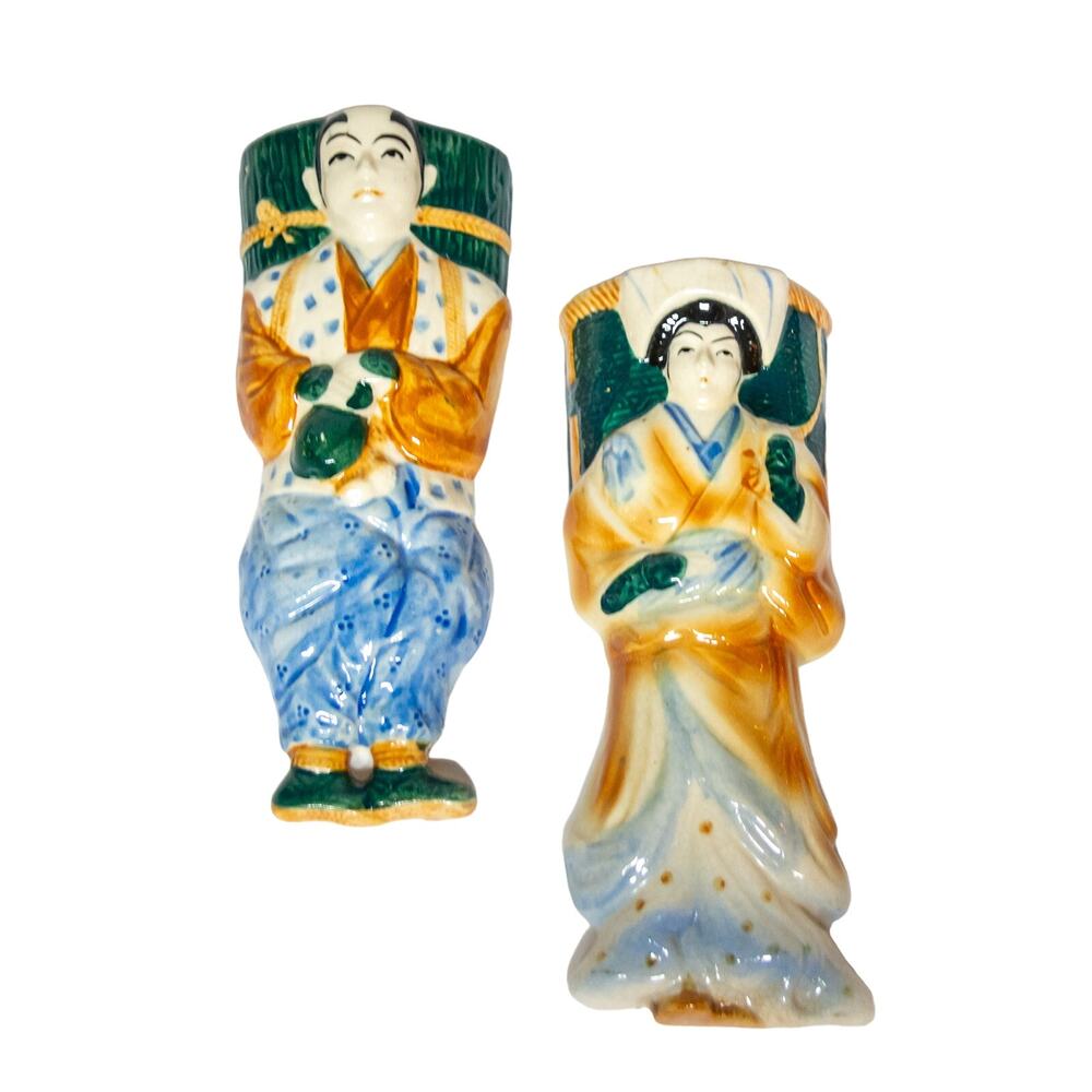 Vintage Japanese Figural Wall Pocket Vases Pair, Ceramic Banko Ware Man Woman